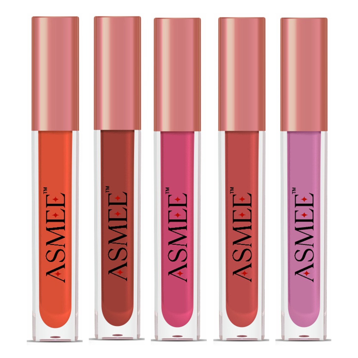 Asmee Liquid Matte lipstick - Orange Lily + Maroon petunia + Raspberry pink + Fire Opal + Iris Purple, 4ml Each