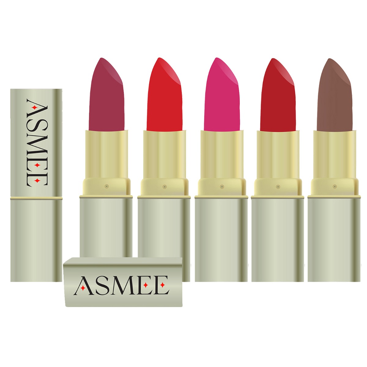 Asmee Matte Lipstick - Velvet Red + Espreeso + French Rose + Pink Orchid + Tangerine, 4.2gm Each