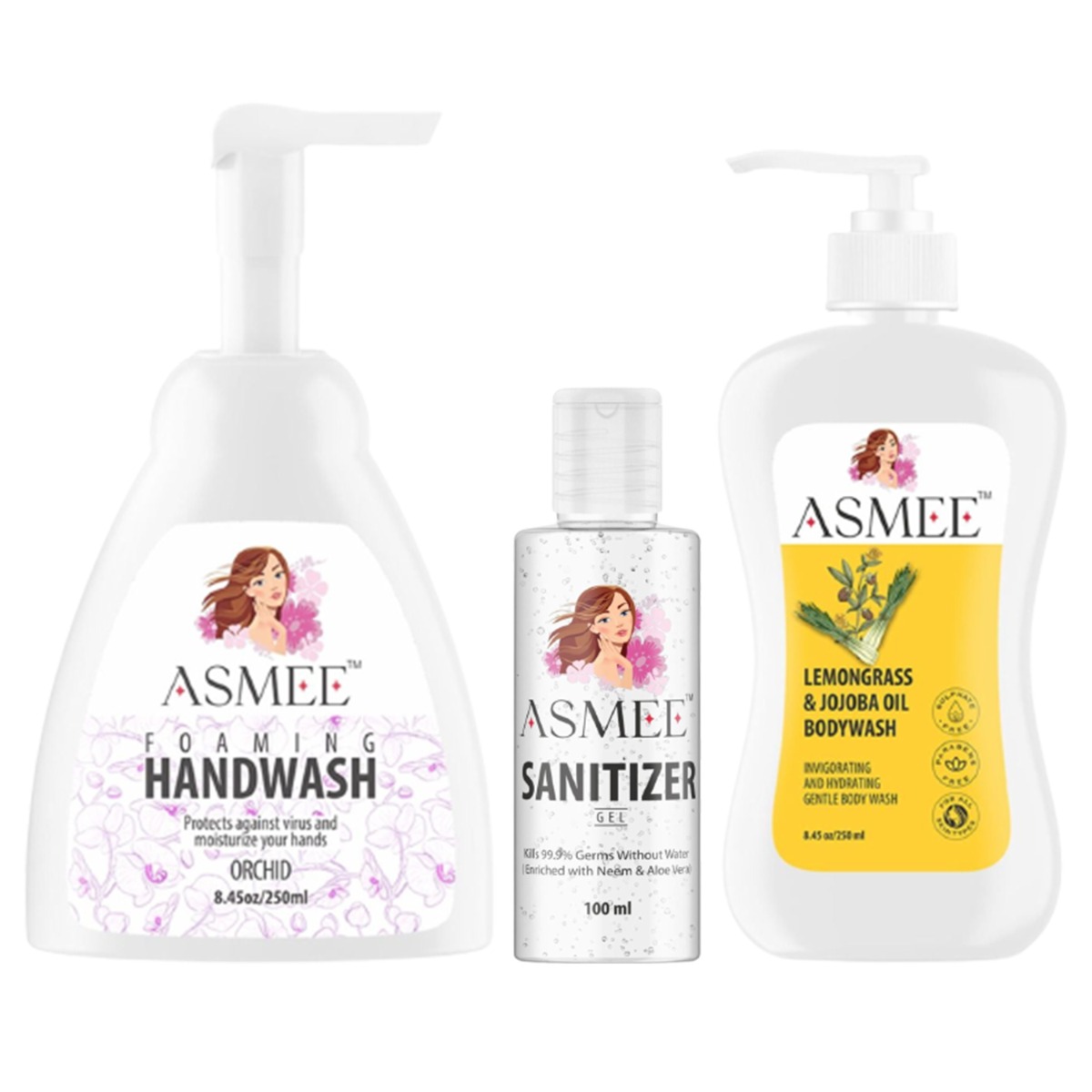 Asmee Lemongrass & Jojoba oil Bodywash + Asmee Hand Sanitizer Gel + Orchid Foaming Handwash, 600ml