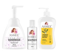 Asmee Lemongrass & Jojoba oil Bodywash + Asmee Hand Sanitizer Gel + Orchid Foaming Handwash, 600ml
