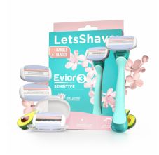 Letsshave Evior 3 Sensitive Shaving Razor Value Set | 1 Handle + 4 Blades | Dual Moisture Bar with AloeVera, Vitamin E, Argan & Avocado Oils | Bikini & Underarm Friendly | Full Body Hair Removal Razor for Women