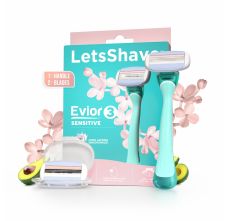 Letsshave Evior 3 Sensitive Shaving Razor for Women | 1 Handle + 2 Blades | Dual Moisture Bar with AloeVera, Vitamin E, Argan & Avocado Oils | Bikini & Underarm Friendly | Full Body Hair Removal Razor | 3 Months of Smooth Shaving