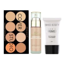 Swiss Beauty High Coverage Waterproof Base Foundation - Classic Ivory 60gm, Makeup Primer Oil 30ml & Cover Studio Ultra Base Concealer Palette - Shade 1, 16gm