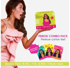 PINQ Polka Period Combo Pack - Premium Organic Cotton Soft Feel Sanitary Pads 8 Xxl + 7 Xl + 5 Regular + 5 Pantyliner With Individual Disposable Pouches, Pack Of 25