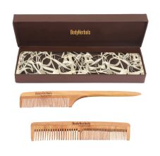 BodyHerbals Anti Static Handmade 100 % Natural Neem Wood Comb Set, Double Tooth Comb And Tail Comb, Combo
