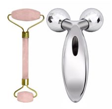 Bronson Professional 3D Body Massager Y Shape For Skin Lifting And Slimming, 1pc & Rose Quartz Facial Massage Roller, 1pc