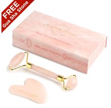 The Rolling Concept Rose Quartz Facial Roller with Free Rose Gua Sha Stone