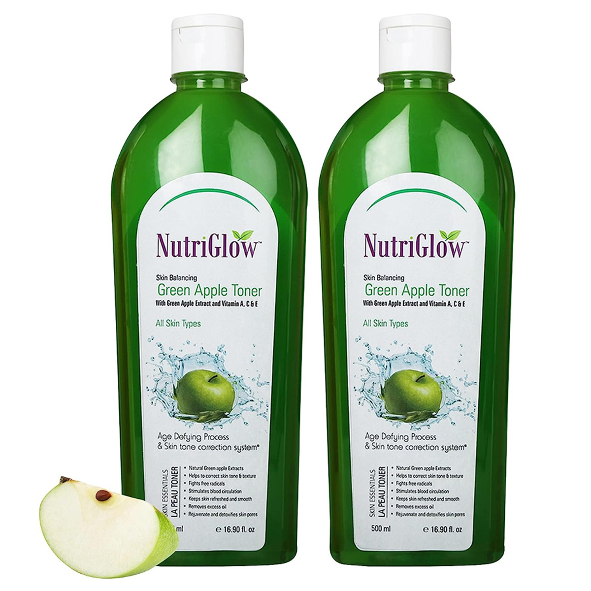 NutriGlow Green Apple Toner With Green Apple Extract And Vitamin A, C & E, 500ml Each, Pack of 2