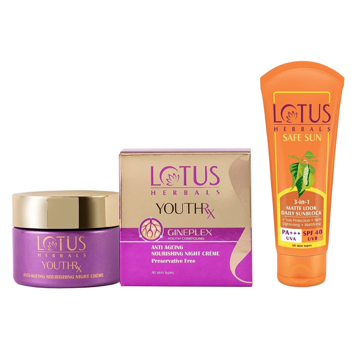 Lotus Herbals Safe Sun 3-in-1 Matte Look Daily Sunblock Pa+++ SPF 40, 50gm & YouthRx Anti Ageing Nourishing Night Cream For Women, 10gm