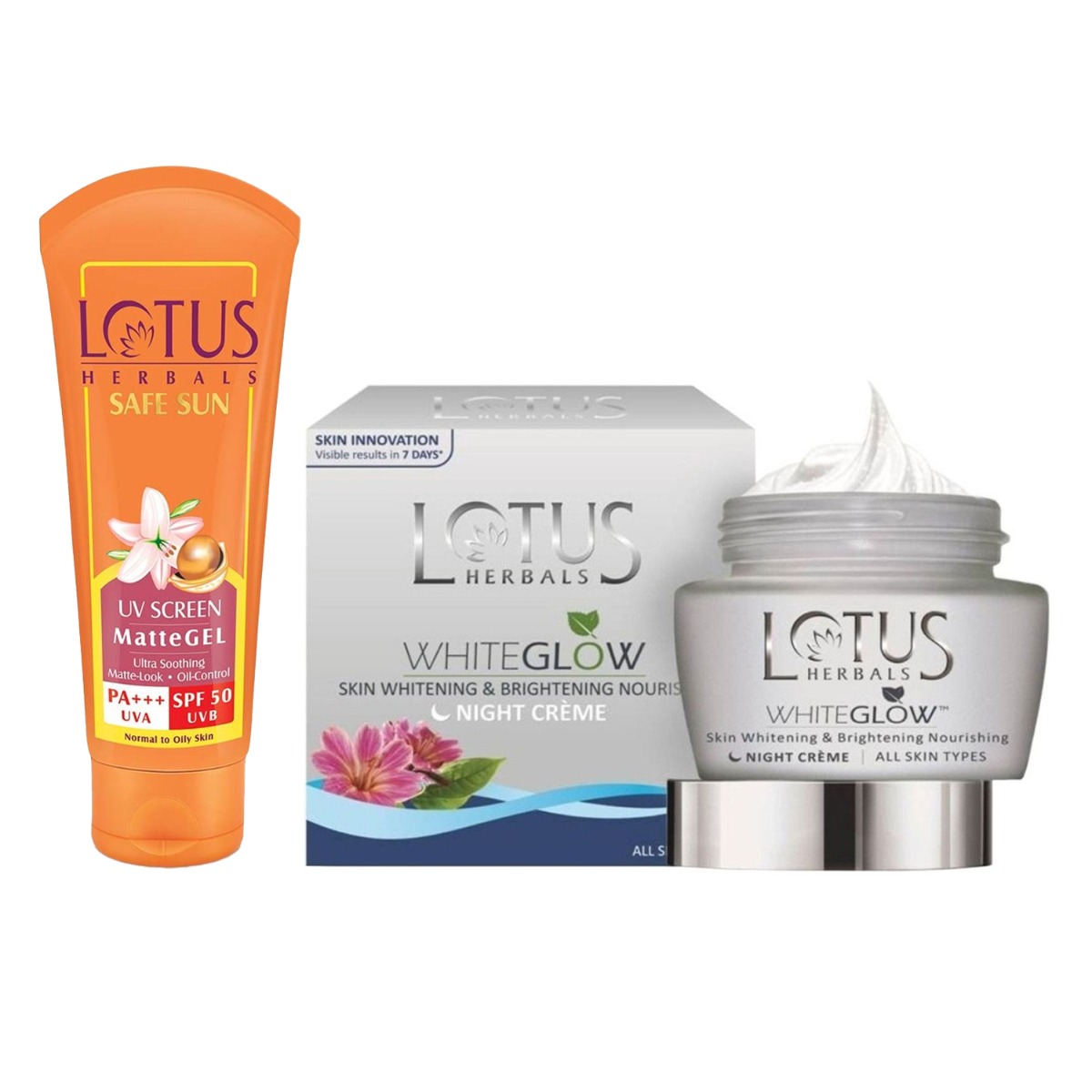Lotus Herbals Safe Sun UV Screen Matte Gel Pa+++ SPF-50, 50gm & Whiteglow Skin Whitening and Brightening Nourishing Night Creme, 40gm