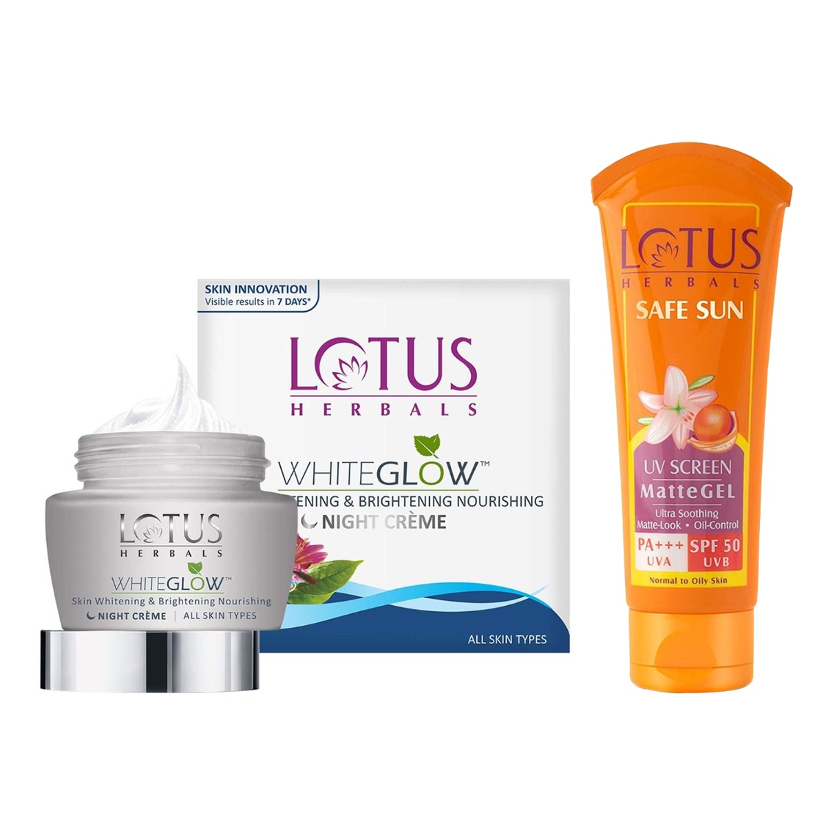Lotus Herbals Safe Sun UV Screen Matte Gel Pa+++ SPF-50, 100gm & White Glow Skin Whitening and Brightening Nourishing Night Creme, 60gm