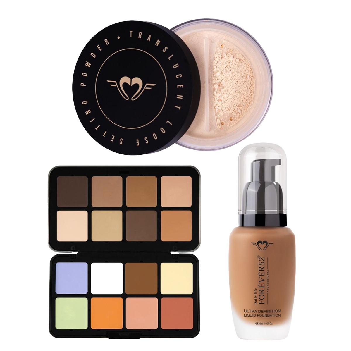 Forever52 Ultra Definition Liquid Foundation FLF004 30ml, 16 Color Camouflage HD Palette CHP001- 40gm & Translucent Loose Powder TLM004 7gm