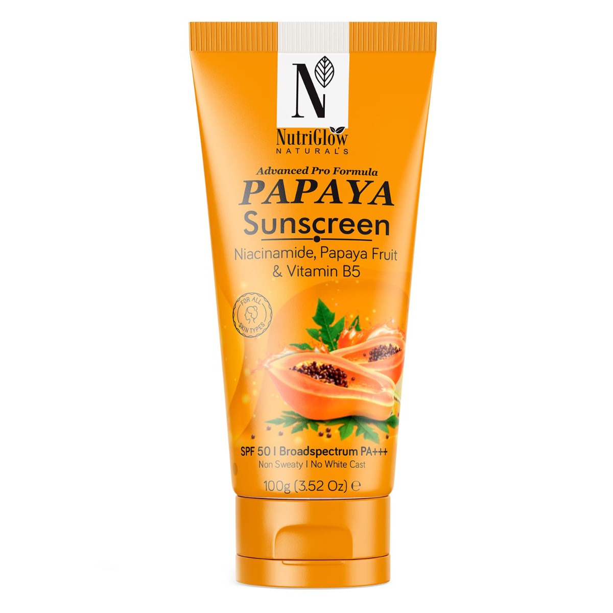 NutriGlow Natural's Advanced Pro Formula Papaya Sunscreen No White Cast, All Skin Type - SPF 50 PA+++, 100gm