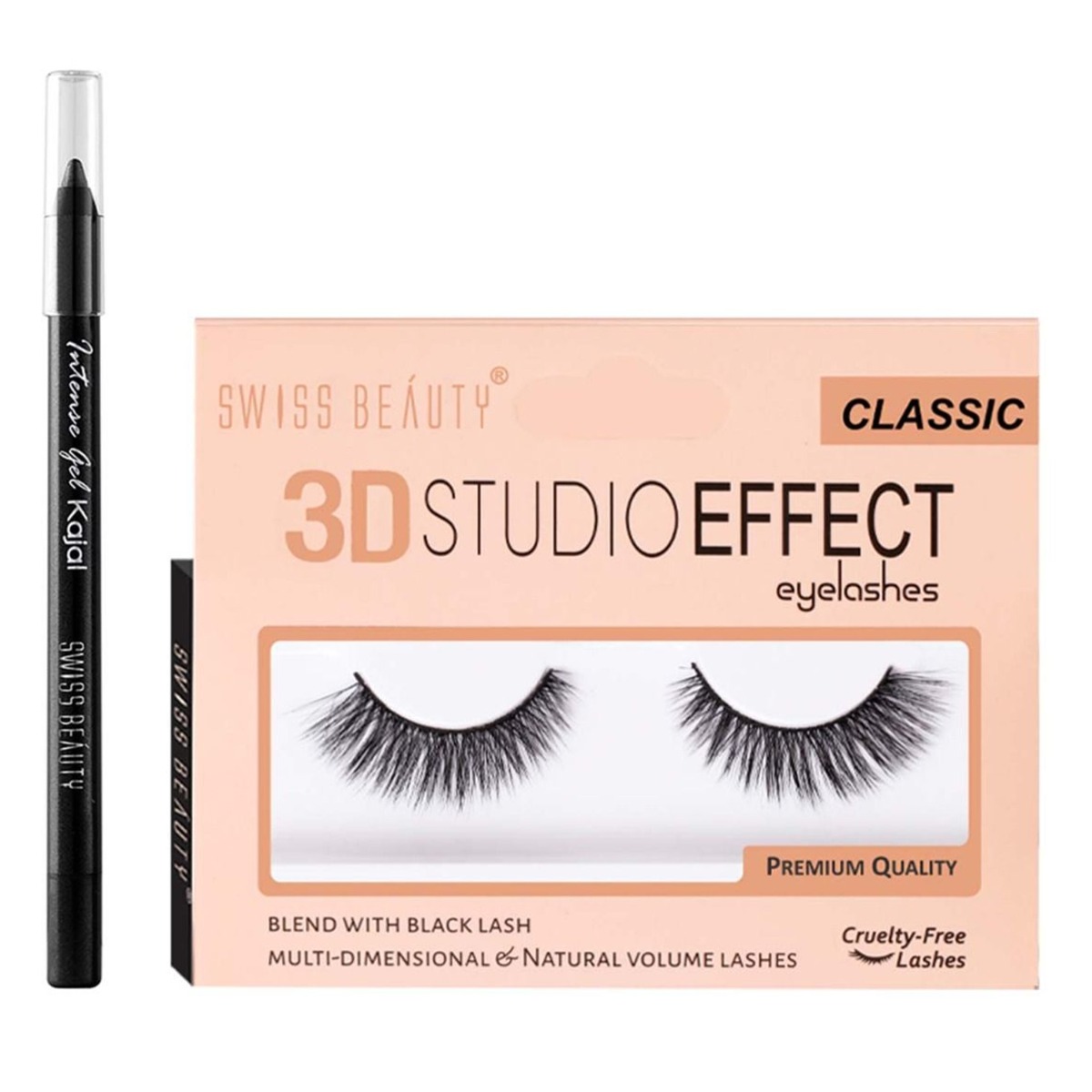 Swiss Beauty 3d Studio Effect Eyelashes - Classic, 100gm & Intense Gel Kajal - Black, 1.2gm