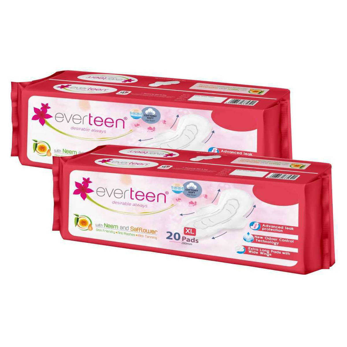 everteen Xl Sanitary Napkin Pads With Neem And Safflower, Cottony-soft Top Layer For Women, 20 Pads-Pack of 2