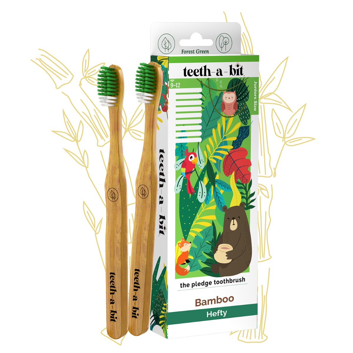 teeth-a-bit The Pledge Bamboo Toothbrush Kids 9-12 Years Hefty Handle With Gum Sensitive Soft Bristles - Pack Of 2