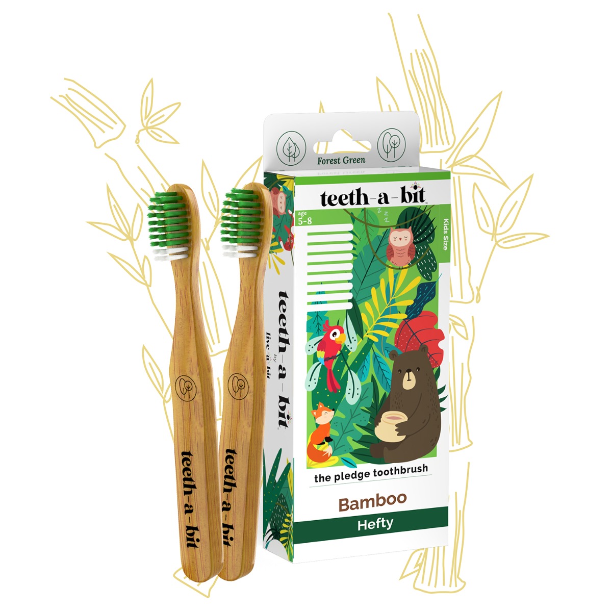 teeth-a-bit The Pledge Bamboo Toothbrush Kids 5-8 Years Hefty Handle With Gum Sensitive Soft Bristles - Pack Of 2