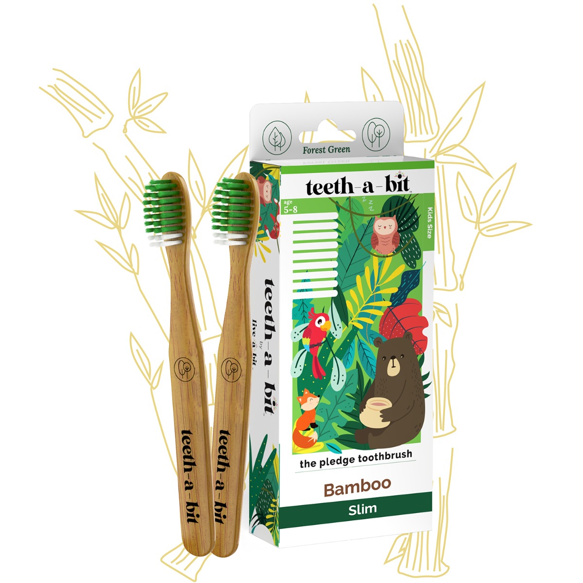 teeth-a-bit The Pledge Bamboo Toothbrush Kids 5-8 Years Slim Handle With Gum Sensitive Soft Bristles - Pack Of 2