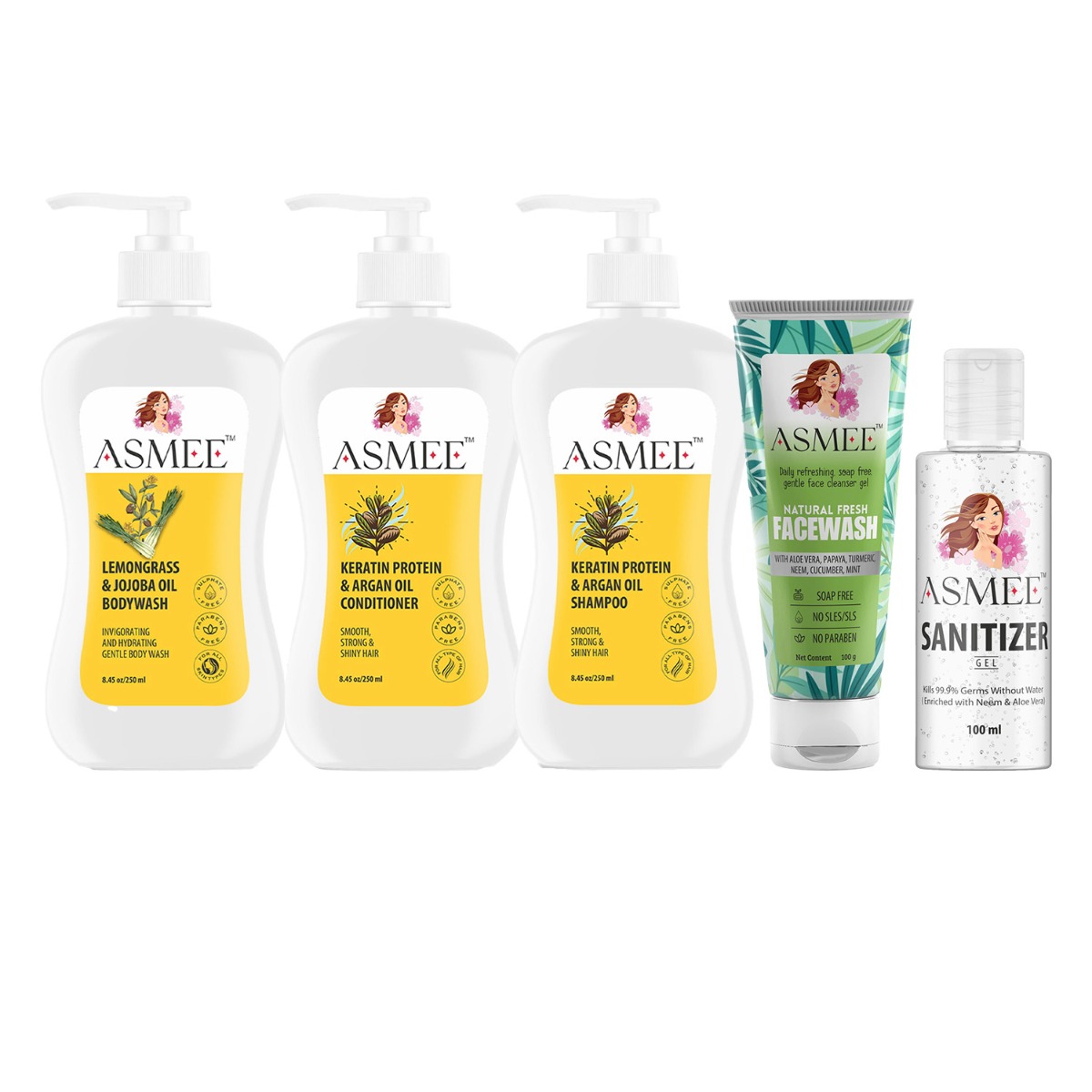 Asmee Cosmetic Hamper - Shampoo + Conditioner + Bodywash + Facewash + Sanitizer
