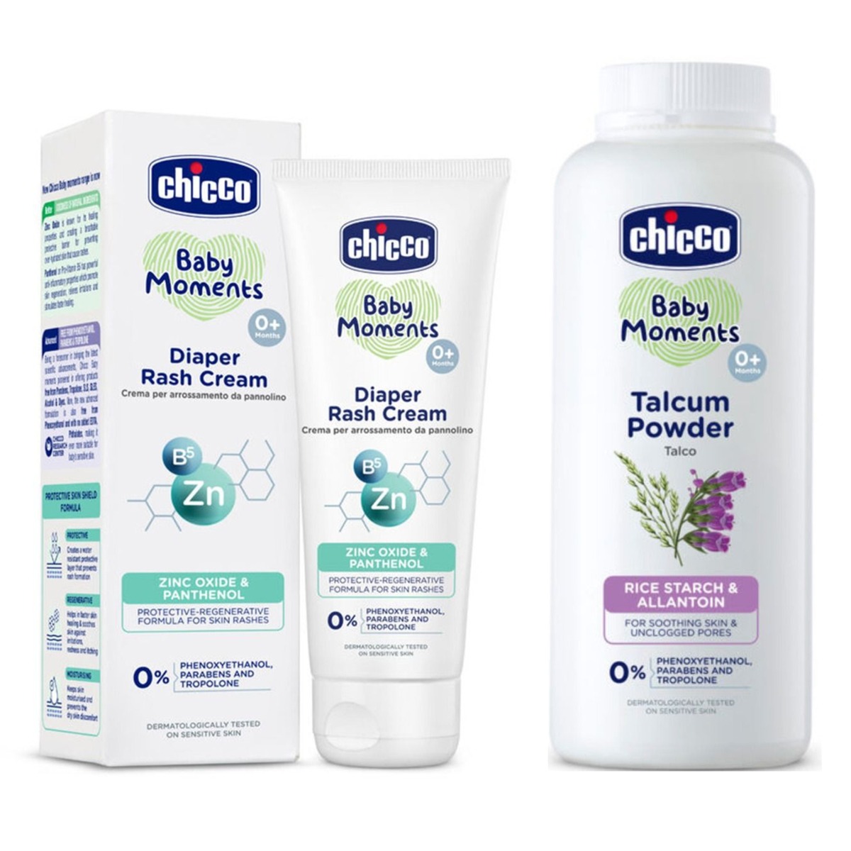 Chicco Baby Diaper Rash Cream Zinc Oxide - Panthenol, 100gm & Talcum Powder Rice Starch & Allantoin, 150gm