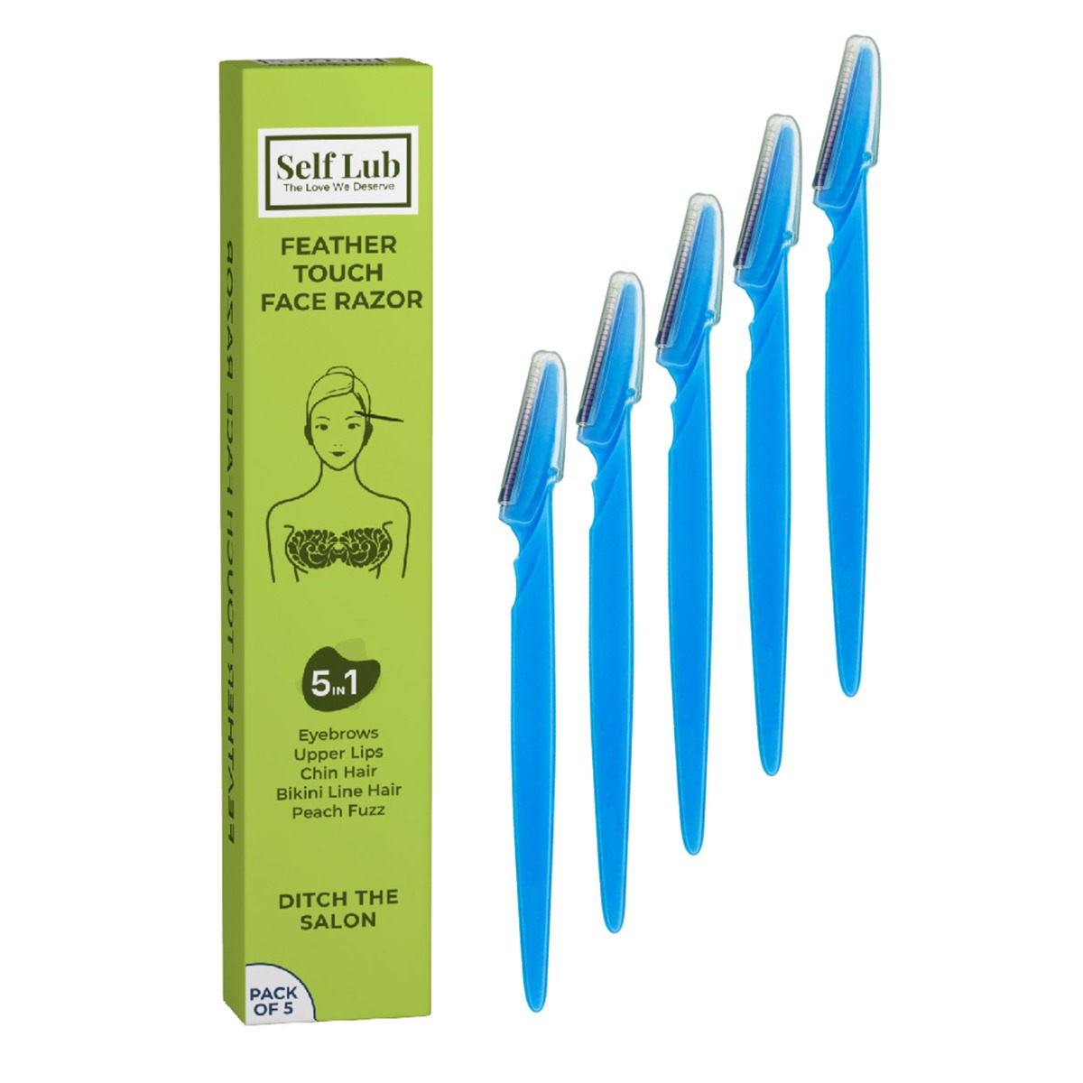 Self Lub Feather Touch Face Razor for Pain Free Hair Removal for Face & Eyebrow - Blue, 5 Razors