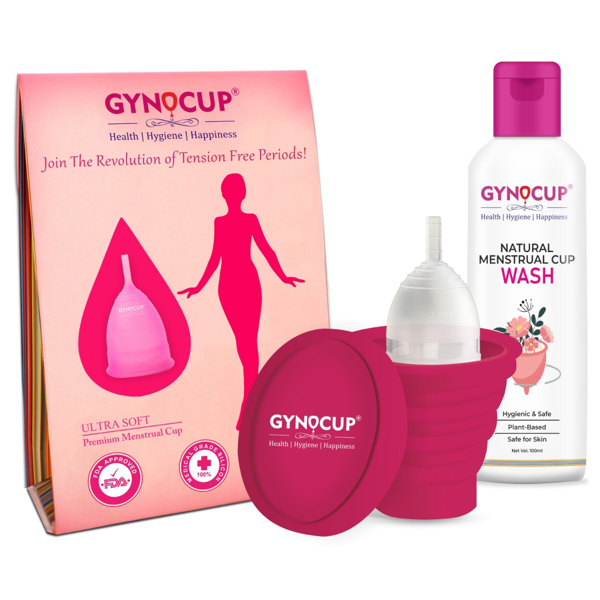 GynoCup Menstrual Cup For Women Transparent Large Size With Wash And Sterilizer Container - Kit
