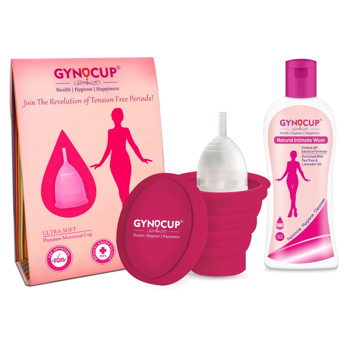 GynoCup Menstrual Cup For Women Transparent Medium Size With Natural Intimate Wash And Sterilizer Container - Kit
