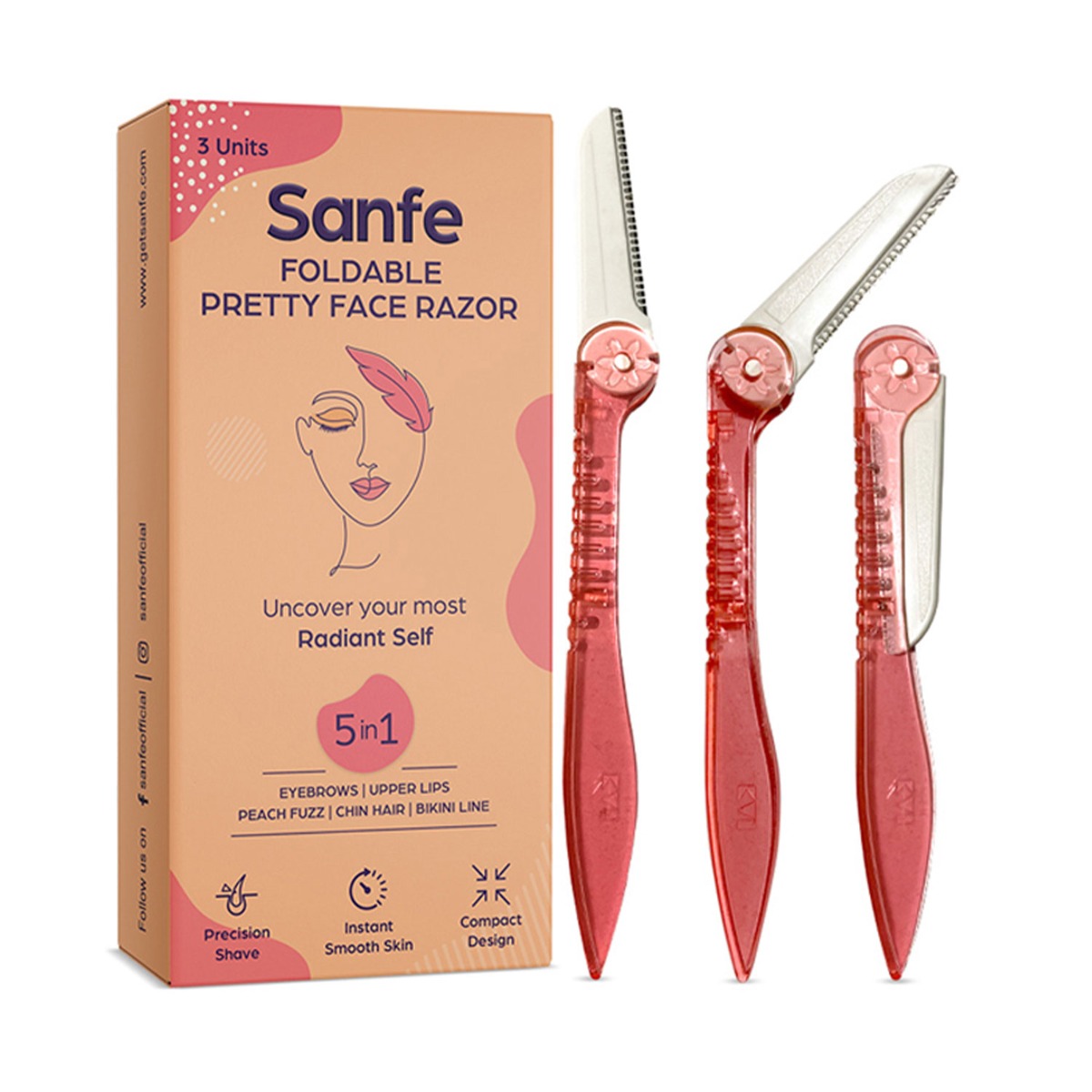 Sanfe Pretty Face Razor for pain-free facial hair removal (3 units) - upper lips, chin, peach fuzz - Stainless steel blade, comfortable, firm grip
