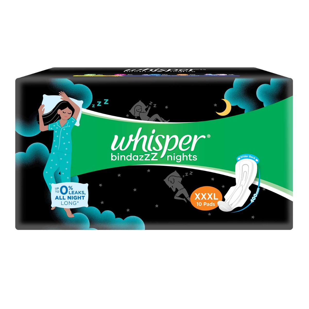 Whisper Sanitary Pads - XXXL Wings, bindazzz Nights, 10 pcs